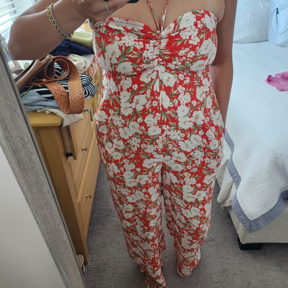 Orange Flower Print Pants Romper